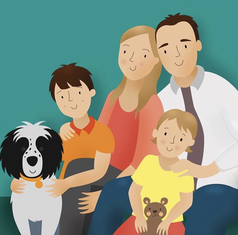 A digitally illustrated family portrait featuring a woman and a man, two children and a black and white dog. 